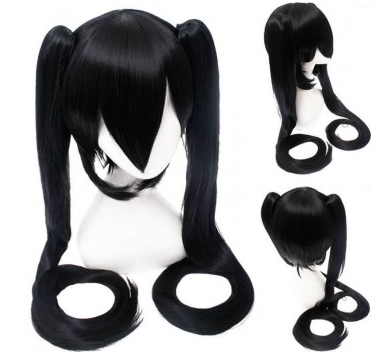   PERRUQUE NOIRE LONGUE COUETTES , perruque cosplay miku noire